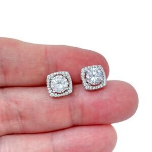 Vintage Sterling Silver 925 Cubic Zirconia Square Halo Stud Earrings